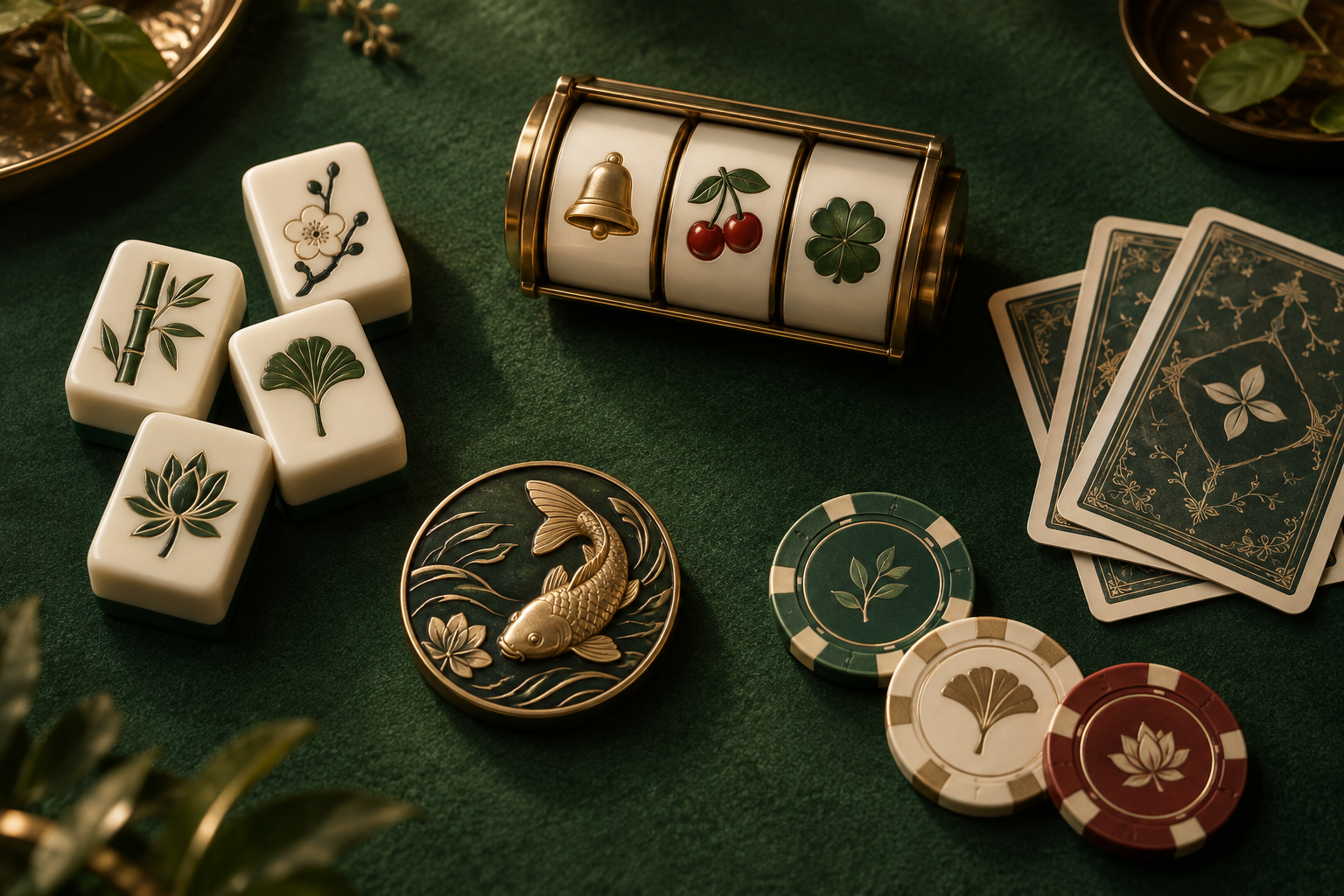 Ilustrasi gulungan slot, ubin mahjong, kartu dan keping di meja hijau